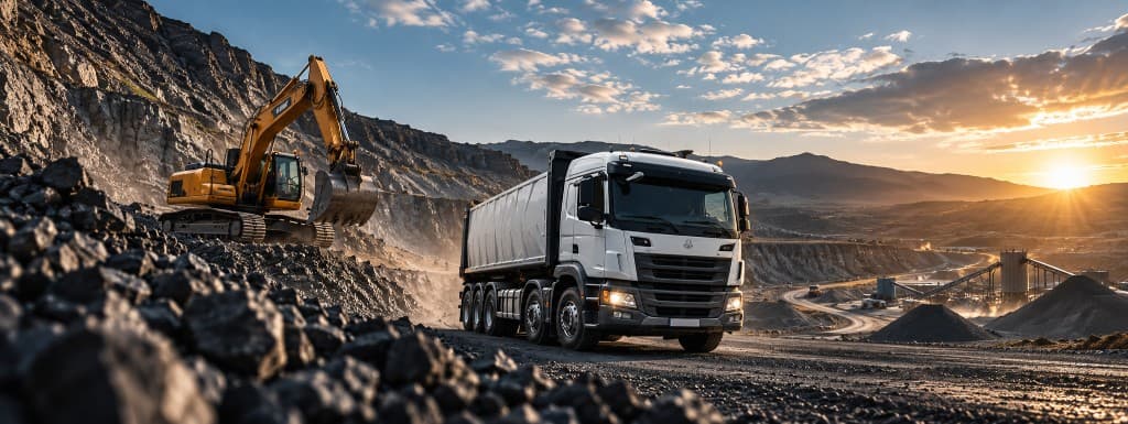 White tipper truck and yellow excavator working a quarry at golden hour